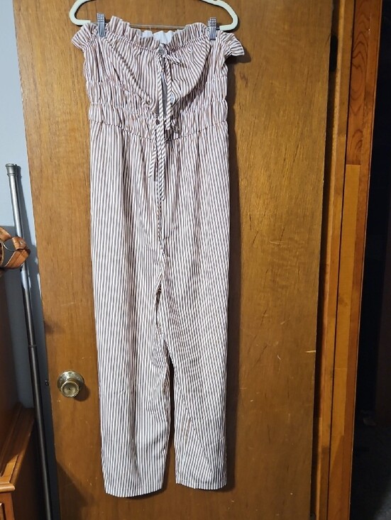 SHEIN Pants - SHEIN Light Tan & White Striped Smocked Wide-Leg Jumpsuit Pants